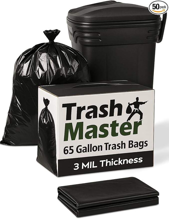 65 Gallon Contractor Heavy Duty Garbage Bags | 50 Bags w/Ties | X-Large 3 MIL Thickness | For Large Commercial Jobs | Construction Clean Up | Trash bags for Yard Clean up - TrashMaster (50)
