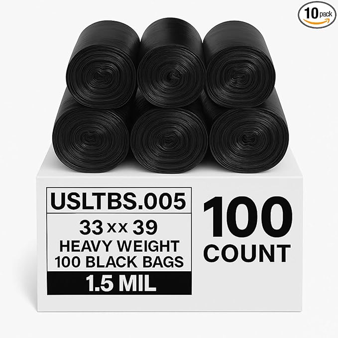 33 Gallon Trash Bags 33 x 39 Inch – 1.5 Mil Heavy Duty Black Can Liners 100 Count – Ideal for Kitchen Office Bathroom Industrial Commercial and Recycling Use