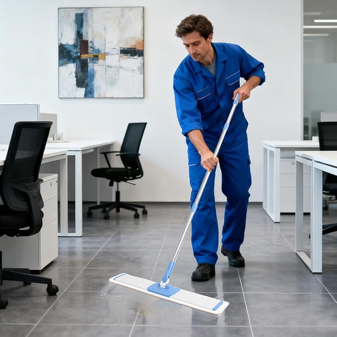 CQT Commercial Flat Microfiber Floor Mop Cleaning System 24 Inch Wet Dry and Dust Hardwood with 4 Washable Pads Cleaner for Laminate Tile Stainless Steel Handle and Extension (Blue)