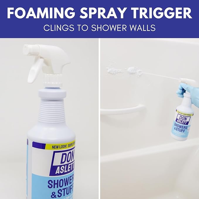 Don Aslett Showers and Stuff (32 Oz Spray Bottle Pack of 2) Hard Water Stains and Soap Scum Remover | Cleans Bathroom Rust Grout Tile Lines Fiberglass Tub Glass Shower Door Surfaces