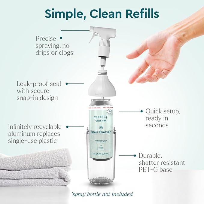 Puracy Clean Can Laundry Stain Remover - Fabric Stain Remover for Clothes Laundry - Stain Treater - Active Enzyme Laundry Stain Remover Spray - Spot Remover for Clothes (3 Pack Refill Free &amp Clea