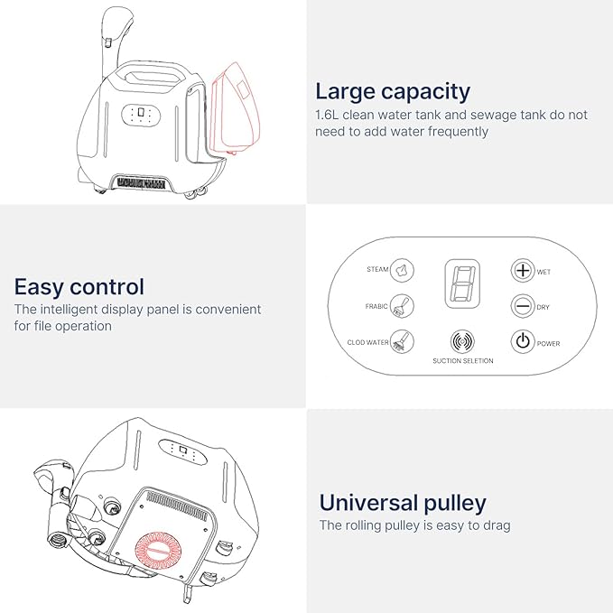 Rolling Carpet Spot &amp Upholstery Cleaner 1600W Steamer 1600ml Dual Tank White - Self - Cleaning Steam &amp Vacuum for Pet Rugs &amp Tiles