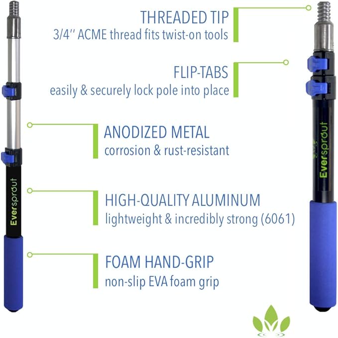 EVERSPROUT 1.5-to-3 Foot Cobweb Duster and Extension-Pole Combo (8-10 Ft Standing Reach Soft Bristles) | Hand Packaged | Lightweight 3-Stage Aluminum Pole | Indoor &amp Outdoor Use Brush Attachment