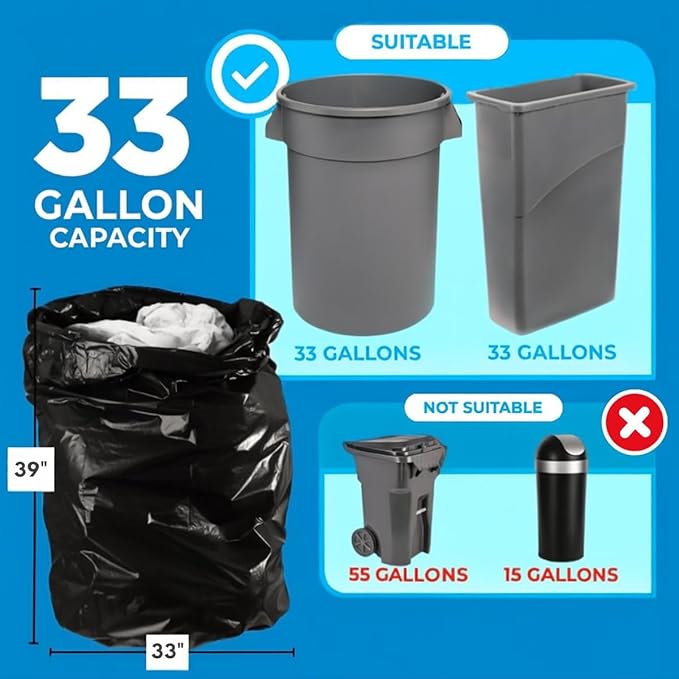 33 Gallon Trash Bags 33 x 39 Inch – 1.5 Mil Heavy Duty Black Can Liners 100 Count – Ideal for Kitchen Office Bathroom Industrial Commercial and Recycling Use