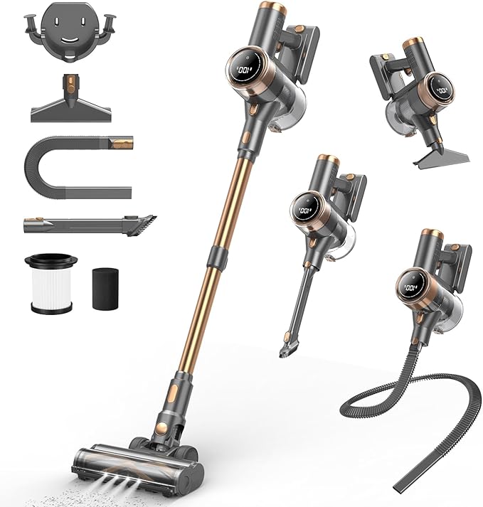 Cordless Vacuum Cleaner 10-in-1 Lightweight Stick Vacuum with 45mins Runtime Powerful Suction LED Touch Screen Rechargeable Vacuum Cleaners for Home Hardwood Floor Carpet Pet Hair (Gold)