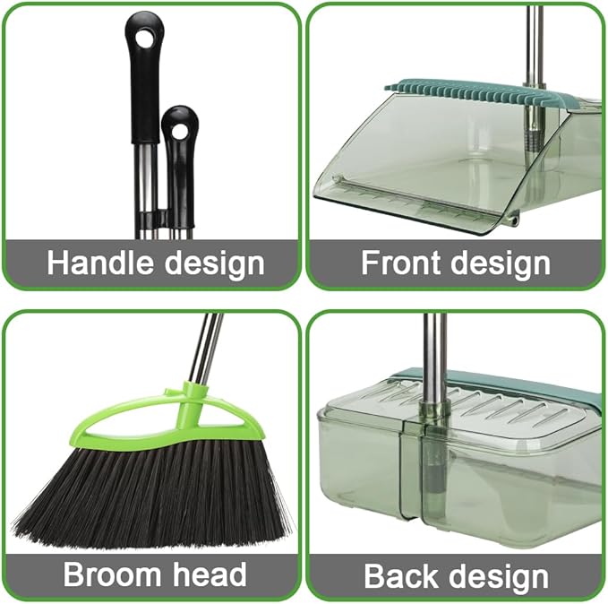 Soft Bristles Green Angle Broom and Dustpan Set Long Handle Household Indoor Broom with Dustpan Combo Set for Room Kitchen Lobby Office Hardwood Floor Sweeping Floor Cleaning