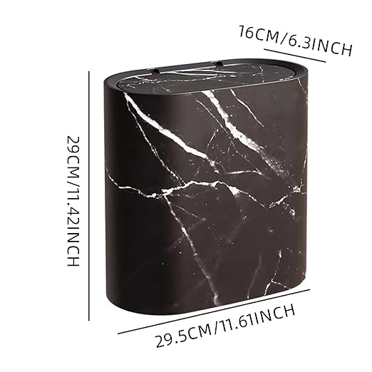 Waste Basket for Bathroom with Lids Plastic Marble Wood Pattern Trash Can Small Garbage Bin with Lid for Bathroom Narrow Waste Basket Modern Waste Basket for Home (Black-11.6 * 11.2'')