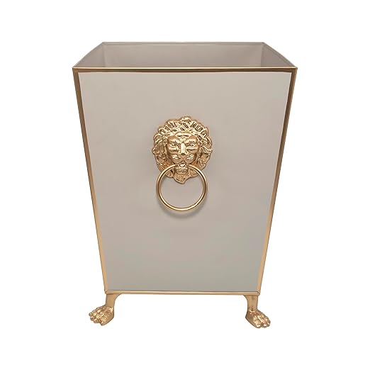 Jaye’s Studio Decorative Waste Basket Bathroom With Gold Feet Garbage Can Bedroom Vanity Metal Office Trash Cans Square Trash Bin No Lid Taupe Bathroom Accessories Lion’s Head Accent Paws &amp C