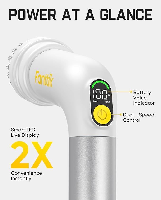 Fanttik G9 Handy Cordless Electric Spin Scrubber MagnaStorm Motor Dual-Speed 5 Brush Heads LED Display IPX7 Waterproof 2500mAh with Type-C Charging for Kitchen Sink Tile Stove- White