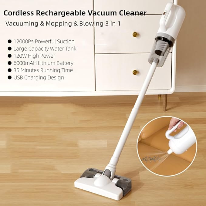 Cordless Stick Vacuum Cleaner and Mop Combo Vacuum Blower and Mop 3 in 1 12000pa Suction Stick Vacuum Cleaner Rechargeable Upright Vacuum with Water Tank for Home Hard Floor Pet Hairs