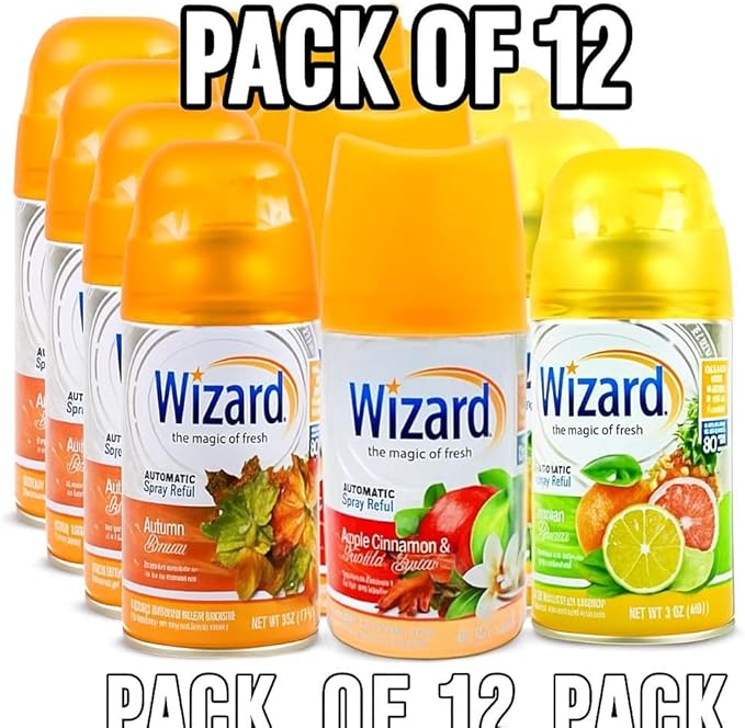 12 WIZARD AUTOMATIC SPRAY REFILLS 5 oz VARIETY PACK 4 EACH APPLE VANILLA-AUTUMN BREEZE-TROPICAL CITRUS