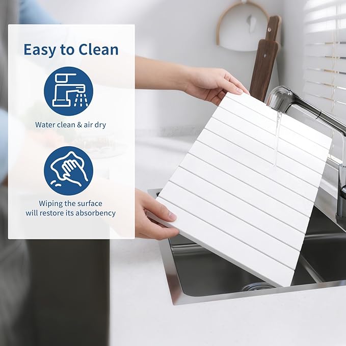 Hopegiver Stone Drying Mat for Kitchen Counter 24 x 16 Quick Dry Diatomaceous Earth Dish Drying Mat Super Absorbent Non-Slip &amp Foldable Modern White Countertop Mat (White24''x16'')