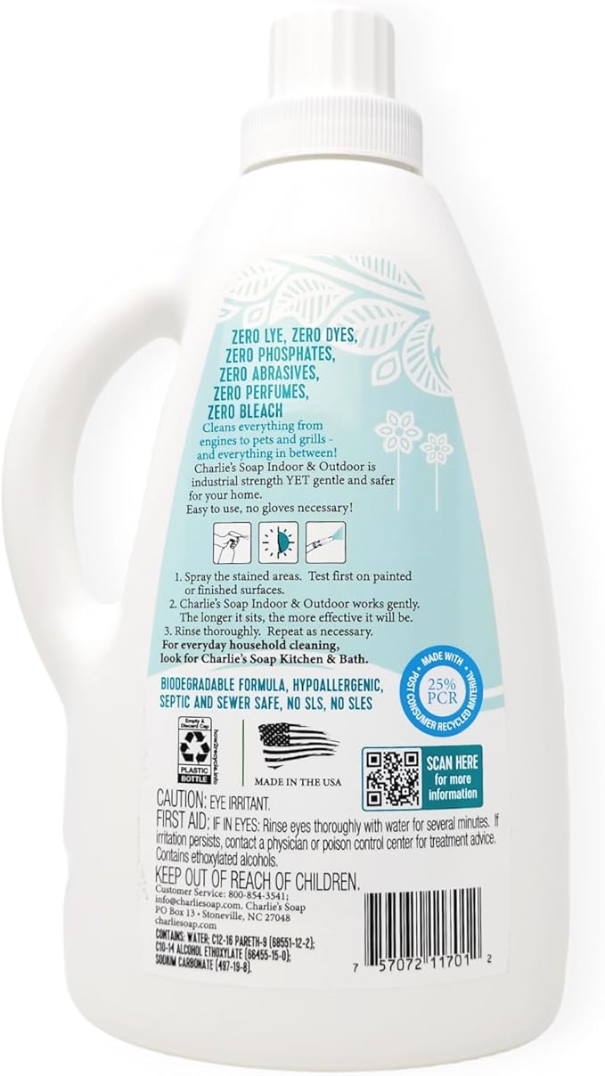 Charlie's Soap Indoor &amp Outdoor Surface Cleaner Refill (75 Fl. Oz.) Biodegradable Natural Outdoor Cleaning Spray – Safe for Indoor Use (1 Pack)