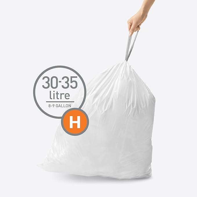simplehuman Code H 200 Count Dispenser Pack Custom Fit Liners Drawstring Trash Bags 30-35 Liter / 8-9 Gallon White