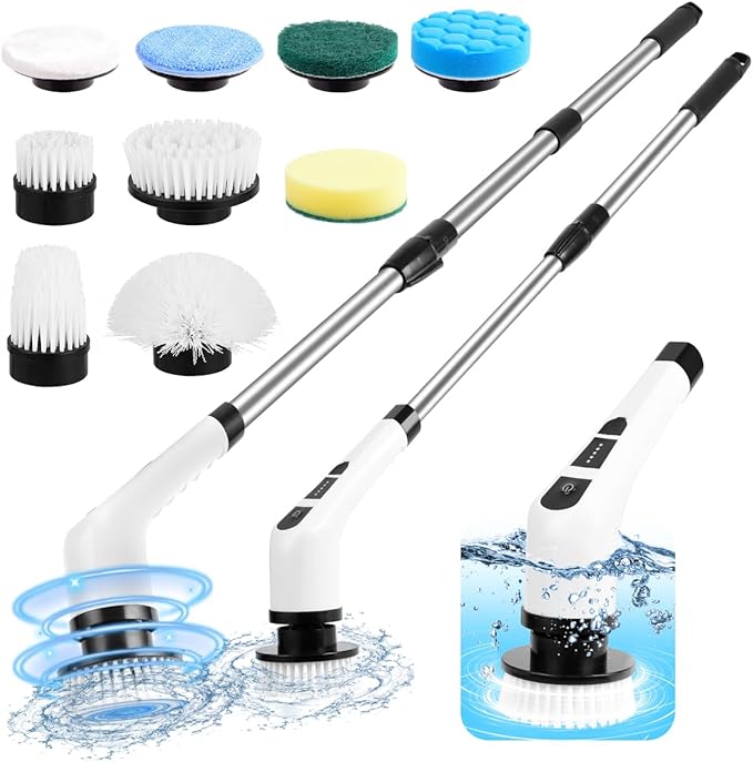 Electric Spin ScrubberCordless Spin Scrubber for Cleaning with 8 Replaceable Brush HeadsShower Scrubber with Adjustable Detachable Handle for BathroomKitchen