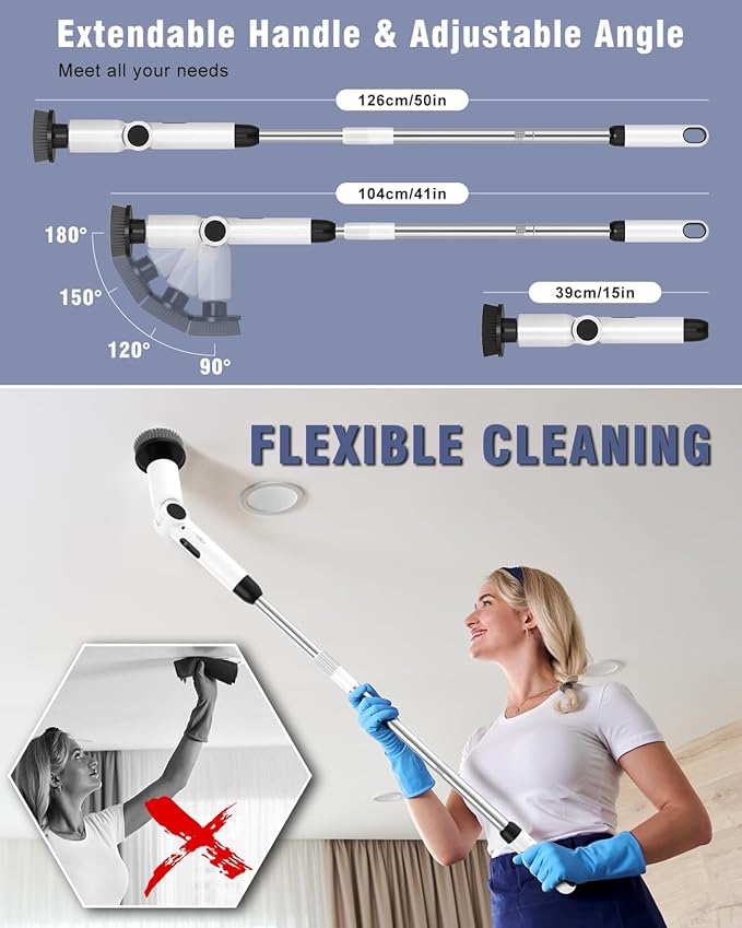 Electric Spin Scrubber [IPX8 Waterproof ] [50KG Torque] Shower Scrubber with 9 Brush Heads 2 Speed Mode 4 Adjustable Angles Electric Brush for Cleaning for Bathroom Floor Tile