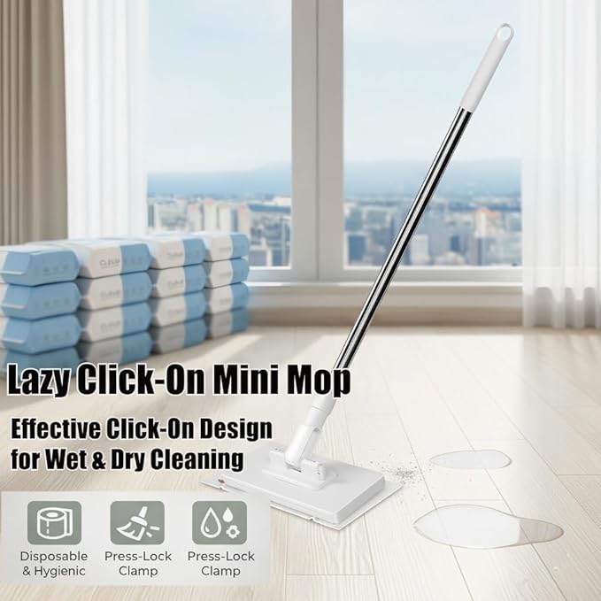 Snap Grip Mini Mop Clever Zero Touch Cloth Changing Mini Mops Cloth Changing MiniMop with Automatic Hands Free Push Pull Handle Retractable Disposable Dust Mops for Multi Cleaning (39in)