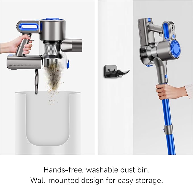 Cordless Vacuum Cleaner for Home Powerful Stick Vacuum with Rechargeable Battery Green Light Anti-Tangle Brush 6-in-1 Lightweight Handheld Vacuum for Pet Hair Hard Floor Carpet Blue