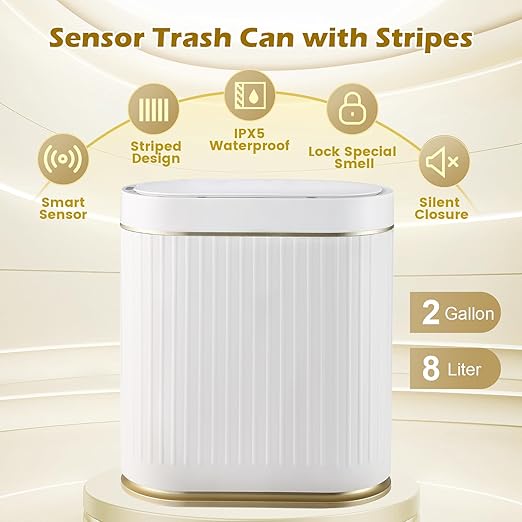 Bathroom Trash Can with Lid Automatic 2 Gallon Motion Sensor Garbage Bin 7.5 Liter Smart Trash Bin Bathroom Decor Plastic Garbage Can Narrow Trash Can for Bedroom Office Living Room