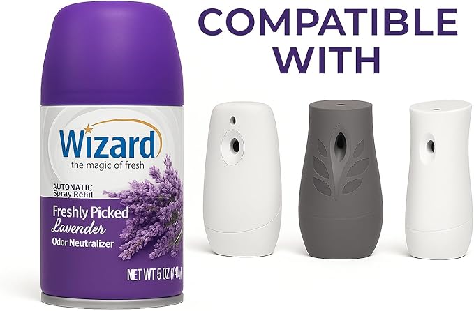 Wizard Automatic Spray Refill – Freshly Picked Lavender 5 oz (12 Pack) | Compatible with Air Wick Freshmatic &amp Glade Dispensers | Long Lasting Odor Neutralizer for Home &amp Office