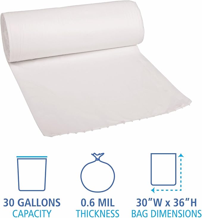Boardwalk Low-Density Waste Can Liners 30 gal 0.6 mil 30 x 36 White 25 Bags/Roll 8 Rolls/Carton