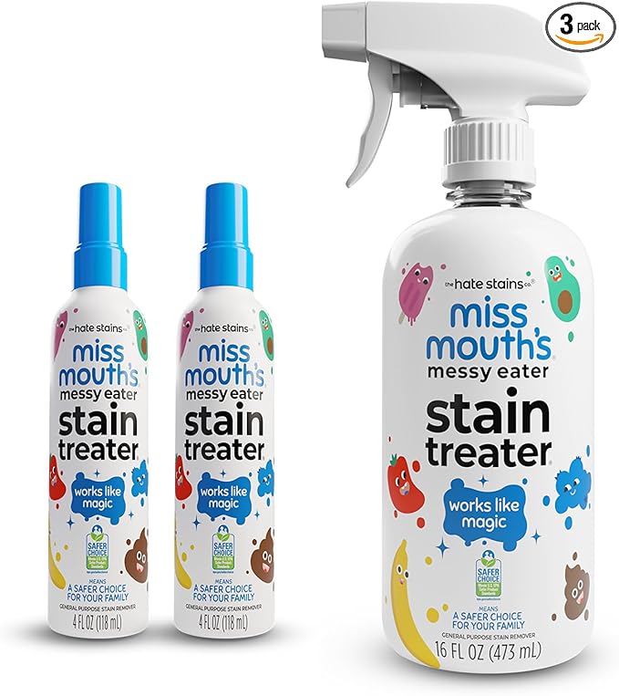 Miss Mouth's Messy Eater Stain Treater - 4oz 2-Pack &amp 16oz Spray Bottle - Laundry Spot Cleaner for Clothes Carpet &amp Upholstery - Baby Stain Remover