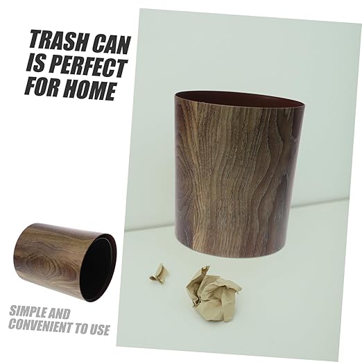 Vintage Wood Grain Trash Can Compact Round Wastebasket for Bathroom Kitchen Living Space Saving Home Garbage Container with Large Capacity and Multifunctional Use