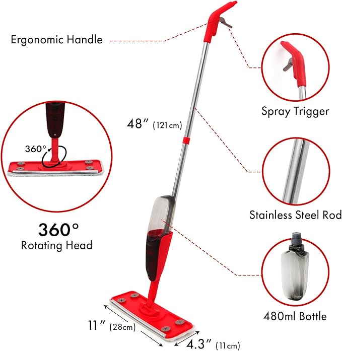 Premium Spray Mop for Floor Cleaning - 10 Disposable Sheets Hard Wood Floor Cleaner for Mess Free Mopping and Shining
