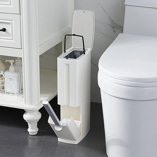 Slim Bathroom Trash Cans with Lid 4.4 Inches Wide/0.7 Gallons(3 Liters)Small Narrow Lidded Bathroom Trash Can with Toilet Brush for RV CamperTiny Garbage Can Rv Accessories for Inside(White)