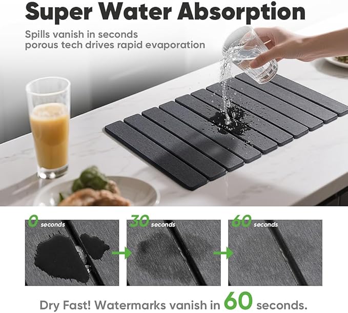 Stone Dish Drying Mat for Kitchen Counter - 24 x 16 Ultra Absorbent Diatomaceous Earth Mat Fast Drying &amp Foldable Countertop Protector Non-Slip Eco-Friendly Stone Mat for Dishes