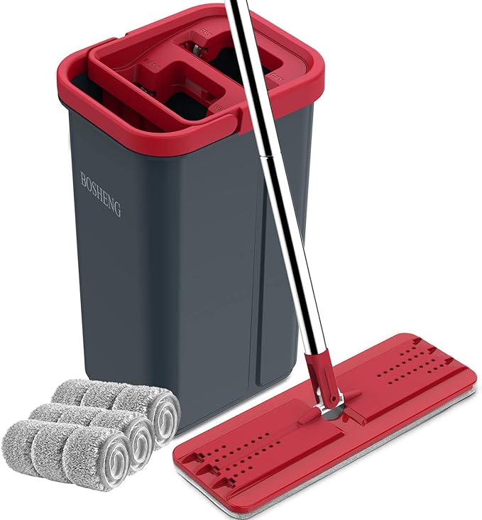 Hands-Free Mop and Bucket Set with 3 Washable Pads Wet/Dry Floor Cleaning System Red/Black