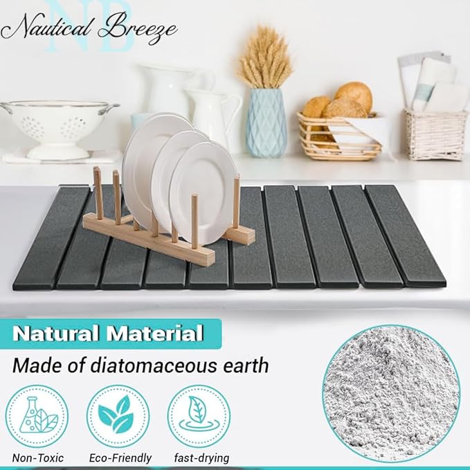 Roll-Up Stone Mat - Premium Diatomaceous Earth Dish Drying Rack Water Absorbent Roll-Out Dish Drying Mat for Kitchen Countertops Eco-Friendly Quick-Dry Surface