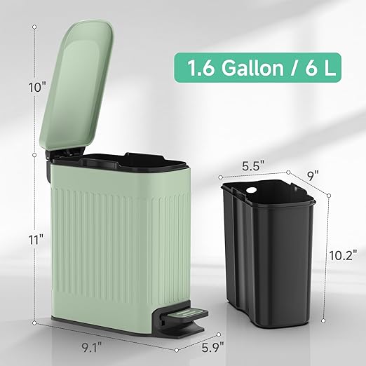 TIPGO Slim Bathroom Trash Can with Lid Soft Close Step Pedal 6 Liter / 1.6 Gallon Stainless Steel Trash Bin Small Garbage Cans for Bedroom Office Kitchen (Green)