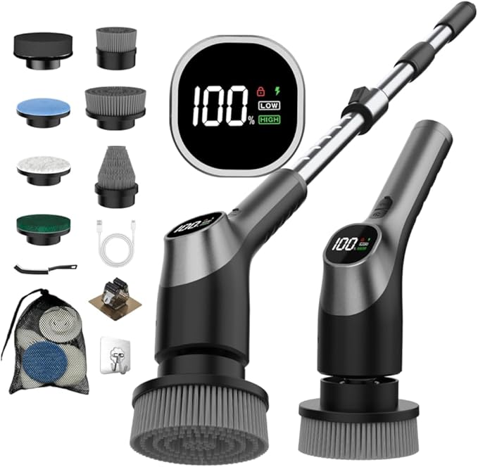 WKY-G3-Electric Spin Scrubber - Upgraded 10-in-1 IPX7 Waterproof Shower Cleaner Brush Retractable Handle &amp 2-Speed for Toilet Bathroom Bathtub Tile Floors Black