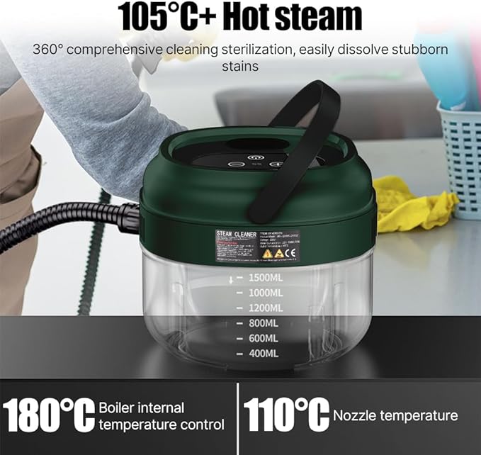 Pressurized Handheld Multi-Surface Steam Cleaner with 3 Brushes and Extended Rod for Home Portable Deep Cleaning Steamer with 6 Gear Adjustable Digital Touch Screen 1500ml Water Tank for Kitchen