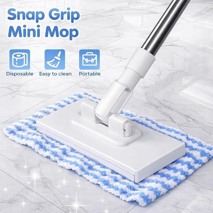 Snap Grip Mini Mop 2026 Disposable Dust Mop with 4 Reusable Cloths Multi Surface Cleaning Flat Dust for Dry Wet Disposable Pads for Kitchen Wall Bathroom Toilet Corners(White 1)