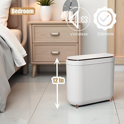 Yatmung Small Bathroom Trash Can with Lid - Slim Decorative Garbage Can - Press-Top Trash Bin for Bedroom Home Office Narrow Space Plastic - 12 Liter Waste Paper Basket - White with Rose Gold Legs