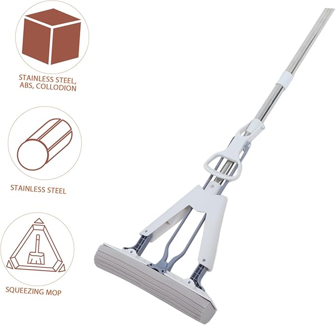 Folding Mop Reusable for Floor Cleaning Squeeze Sponge Mop Scrub for Hardwood Floors Dry Wet Dual Use