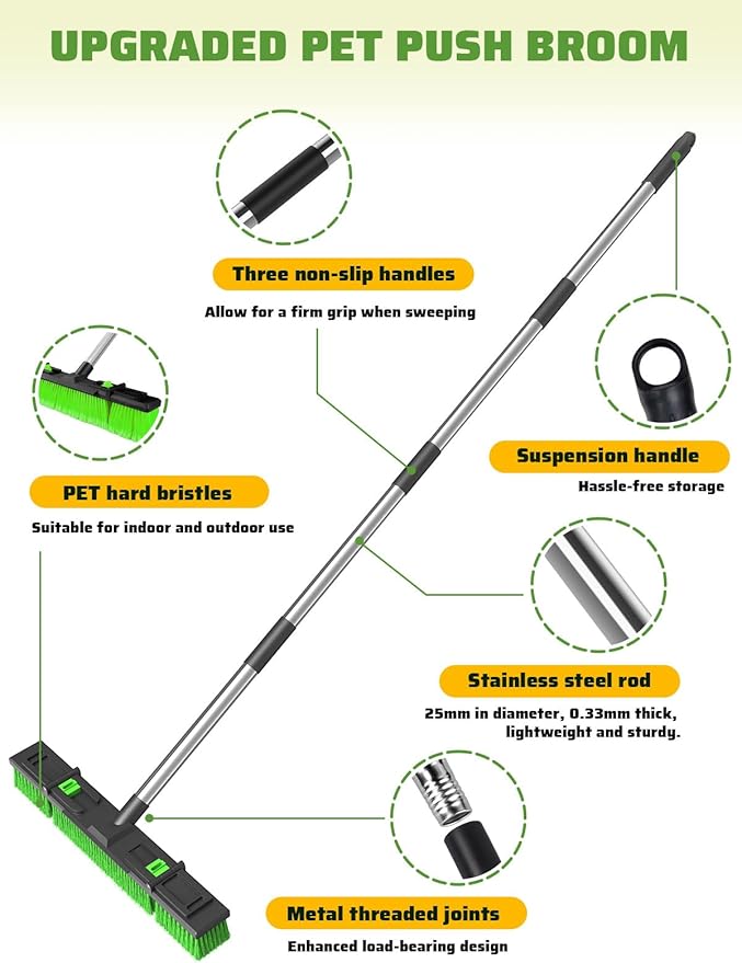 18”/45cm Large Wide Adjustable Heavy Duty Outdoor Push Broom Stiff Brush Head with 4 Section Threaded Handle 60/152cm for Warehouse Driveway Garage Patio Sidewalk Floor Dirt Workshop Deck Cleaning