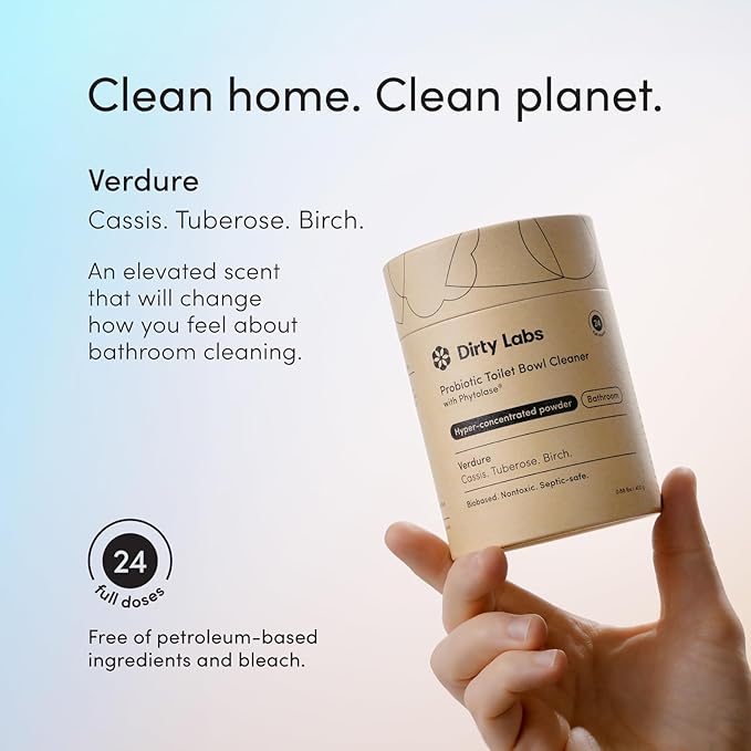 Dirty Labs | Probiotic Toilet Bowl Cleaner Powder | with Phytolase Bio Enzymes | 24 Doses | Septic-Safe Biodegradable Bleach-Free | Verdure Scent (Cassis. Tuberose. Birch.)