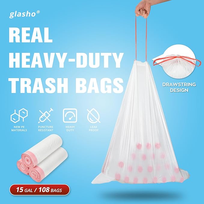 Ultra Thick 15 Gallon Drawstring Trash Bags 108 Count Heavy Duty Large Plastic Garbage Bag Leak Proof Trash Can Liners for Tall Kitchen Home Office Lawn Outdoor White