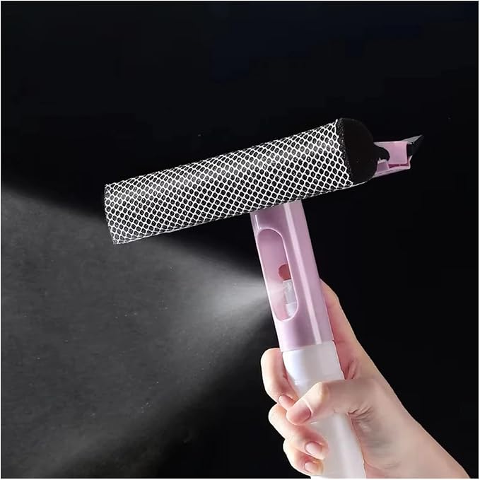 3 in 1 Window Cleaning Brush Glass Wiper for Bathroom Mirror with Spray Double-Sided Cleaner Squeegee(Pink)