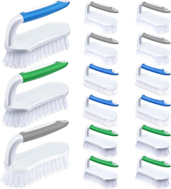 Lallisa 12 Pcs Scrub Brush for Cleaning with Handle Comfortable to Grip Heavy-Duty Flexible Stiff Bristles Scrubber Brushes Bulk for Shower Bathroom Carpet Kitchen Floor Tiles (GrayGreenBlue)