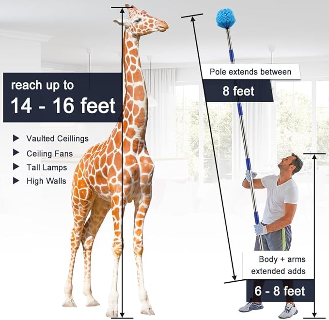 Extended Reach Cobweb Duster with 8-Foot Pole - Medium Bristle Brush for Ceiling Wall and Indoor/Outdoor Cleaning Lightweight Stainless Steel (10FT)