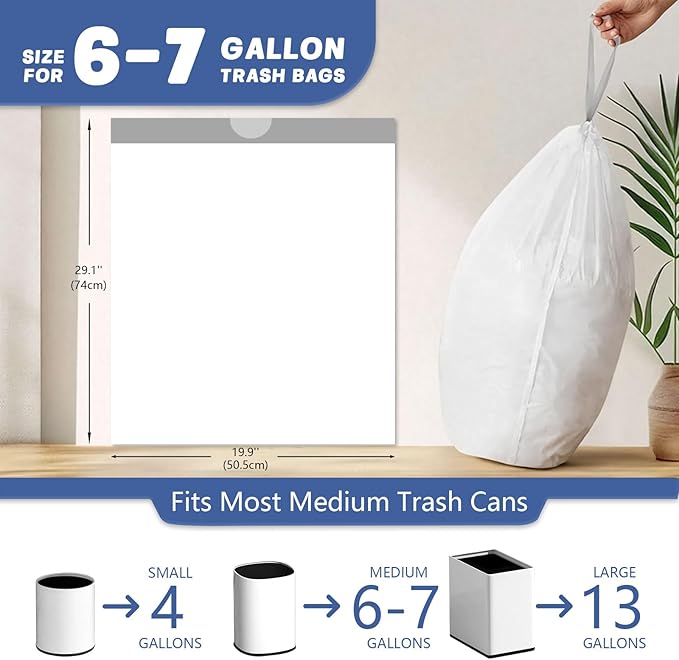 270 Count Heavy-Duty Trash Bags Compatible with 6-7 Gallon Trash Can Pre-Separated Drawstring Kitchen Garbage Bags Ideal for Home &amp Office 19.9 x 29.1 Inches 6 Rolls White