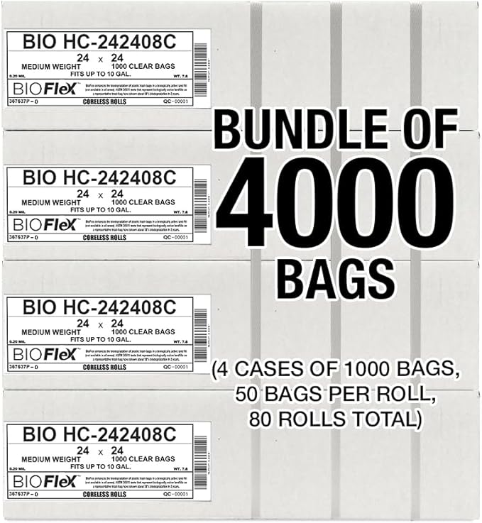 Aluf Plastics High Density Trash Bags 10 Gallon 4000 Count With BioFlex Technology 8 Micron (eq) 24 x 24 Clear for Bathroom Office Industrial Commercial