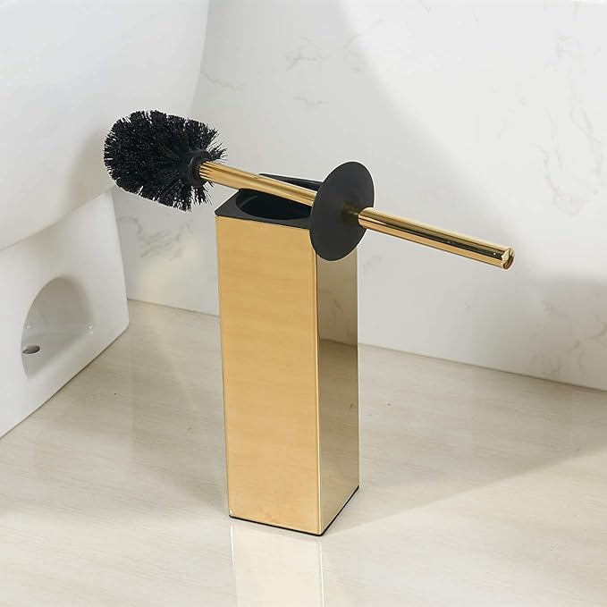 BGL Freestanding Solid Stianless Steel 304 Toilet Bowl Brush and Holder for Bathroom Storage and Organization - Space Saving Sturdy Deep Cleaning Covered Brush (Gold)