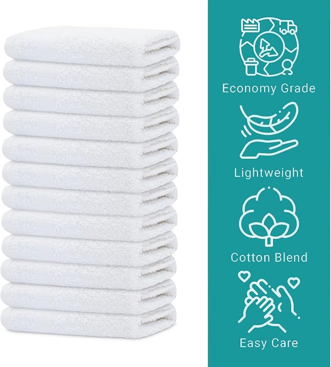 GOLD TEXTILES 60 Pack Economy White Washcloths Set (12x12 inches) - Cotton Blend Commercial Grade Cleaning Rags Quick Drying &amp Soft Face Cloths Fingertip Towels for Bathroom Spa Gym and Kitch