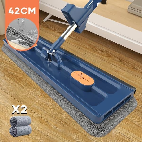Large Flat Mop Portable Mop 50 Inch Washable Reusable Microfiber Pads (Blue 2Mop)