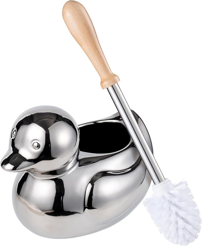 Toilet Brush Holder Set - Ceramic Silver Toilet Scrubber Brush with Duck Base Bathroom Cleaning Brush 7.5 Cute Toilet Brush Organizer Home Decor&amp Easy Wipe Clean